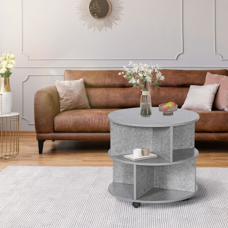 Round Coffee Table with Wheels, 3-Tier Rolling Side Table for Living Room with Divided Shelves, Cement Colour