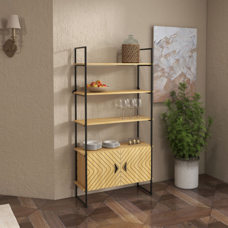 Bookcase 4-Tier Storage Shelf with Double Door Cabinet and Metal Frame for Living Room, Bedroom, Oak Tone