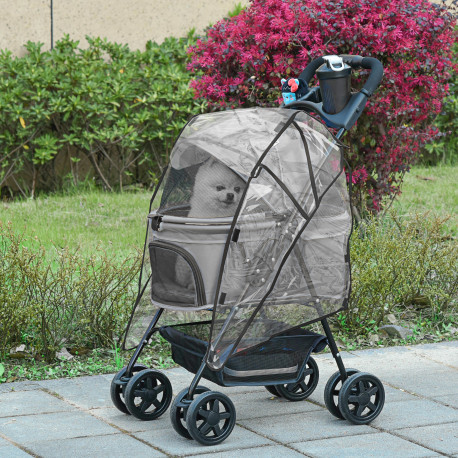 PawHut Dog Stroller with Rain Cover, Dog Pushchair One-Click Fold Trolley Jogger with EVA Wheels Brake Basket Adjustable Canopy 