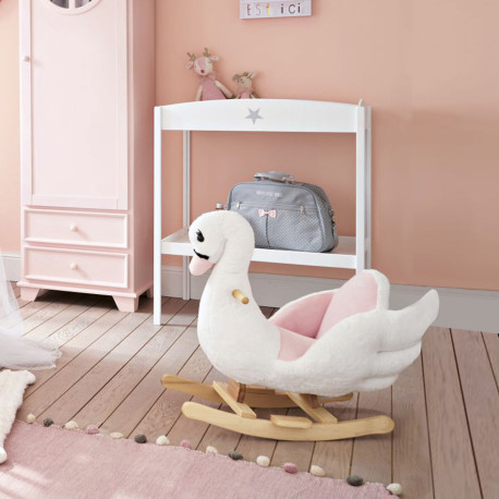 Kids Rocking Horse Plush Ride On Swan Toy w/ Safety Seat for Toddler 18 Months +, White and Pink