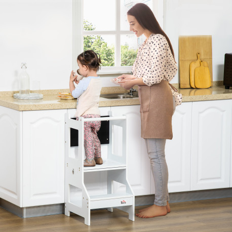 2 in 1 Kids Kitchen Step Stool with Safety Rail Toddler Steps with Chalkboard for Kitchen Bathroom, White