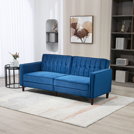 Velvet-Feel Three-Seater Sofa Bed - Blue