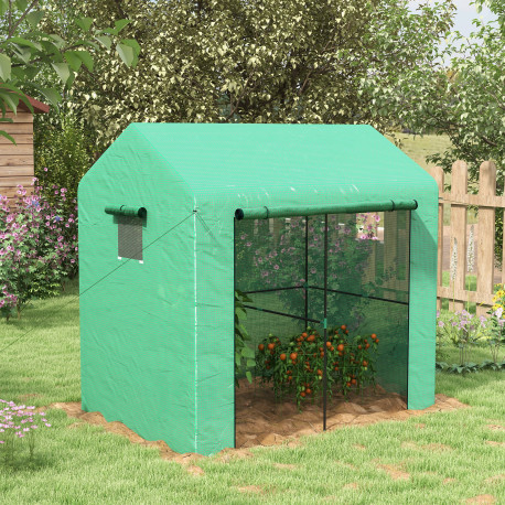 Outsunny Greenhouse, Walk-in Garden Grow House with Roll-up Door and Mesh Windows, 200 x 140 x 200cm, Green