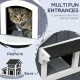 PawHut Wooden Outdoor Cat House with Flower Pot, Windows, Multiple Entrances, Water-Resistant Roof - Grey