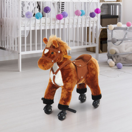 Rocking Horse Kids Ride on Walking Horse Animal Pony Wheeled Riding Plush Toy w/Sound for 3 Years and Up (Brown)