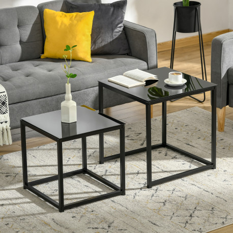 Nest of Tables, Set of 2 Coffee Table, Side Tables with Tempered Glass Desktop and Metal Frame for Living Room, Bedroom, Office,