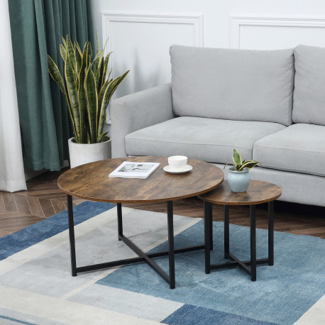 Round Coffee Table, Set of 2 Side Table with Metal Frame, Industrial End Table for Living Room Bedroom, Rustic Brown