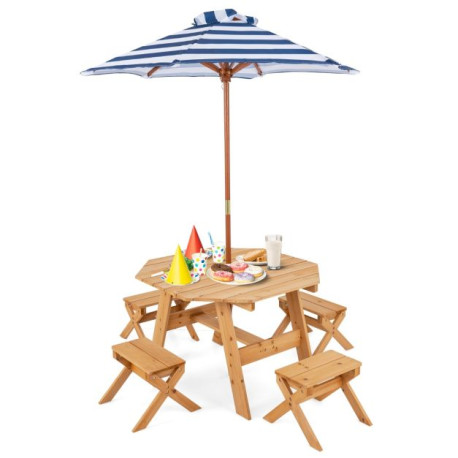 Wooden Kids Picnic Table Set with 4 Chairs and Adjustable Umbrella