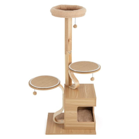 51 inches Wooden Cat Tree with Solid Wood Post and  Curved Plywood Frame