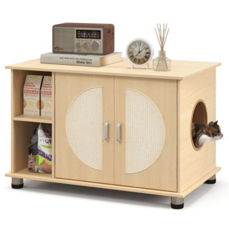 Cat Litter Box Enclosure with Sisal Scratching Doors and Adjustable Metal Feet