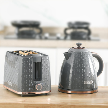 1.7L 3000W Fast Boil Kettle & 2 Slice Toaster Set, Kettle and Toaster Set with Auto Shut Off, Browning Controls, Grey