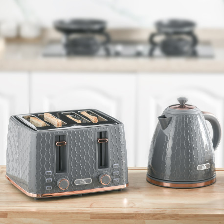 1.7L 3000W Fast Boil Kettle & 4 Slice Toaster Set, Kettle and Toaster Set with 7 Browning Controls, Crumb Tray, Grey