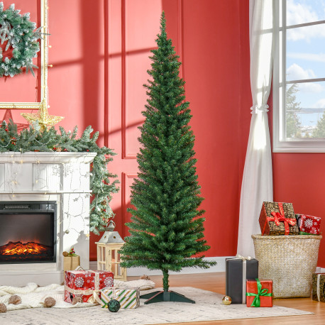 6ft Unlit Artificial Christmas Tree, Pencil Slim Xmas Tree with Solid Stand and Realistic Branches, Green