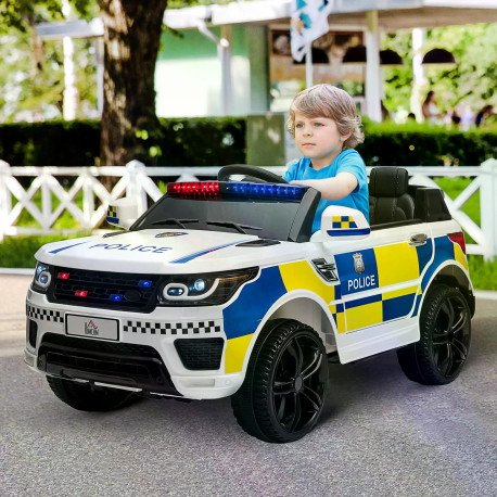 12V Kids Electric Ride On Police Car 2 Motors with Parental Remote Control Siren Flashing Lights USB Portable for 3-6 Years Whit