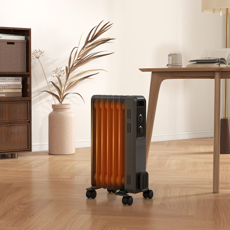 1500W Oil Filled Radiator, 7 Fin, Portable Electric Heater with 3 Heat Settings, Safety Cut-Off and Wheels, Grey