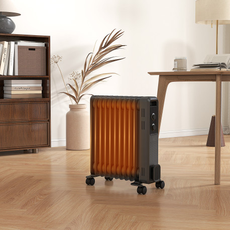 2500W Oil Filled Radiator, 11 Fin, Portable Electric Heater with 3 Heat Settings, Safety Cut-Off and Wheels, Grey