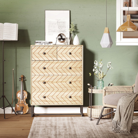 5 Drawer Chest Sideboard Cabinet Storage Unit Bedroom Home Unique Zigzag Design w/ Black Metal Handles Anti Tip & Top