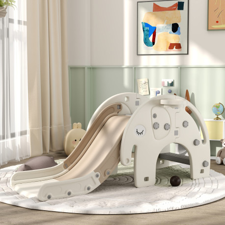 AIYAPLAY 3 in 1 Toddler Slide with Basketball Hoop, Climber, Elephant-Themed, for 1-3 Years, Cream White