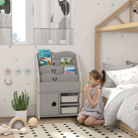 AIYAPLAY Kids Storage Units with 2 Storage Boxes, 4 Tier Bookshelf, Cabinet, 67 x 29 x 98cm Light Grey