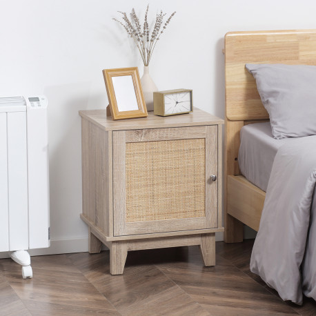 Bedside Table, Bedside Cabinet with Storage Cupboard, Side End Table with Rattan Element for Living Room, Bedroom, Natural