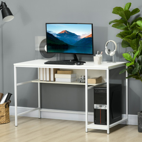 Computer Desk with Storage, 120 x 60cm Home Office Desk with 2 Shelves and Steel Frame, Writing Table for Living Room, Study, Wh