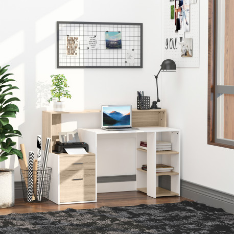 Computer Desk with Drawers and Storage Shelves, Reception Desk, Study Workstation for Home Office, 137 x 55 x 92cm, Oak and Whit