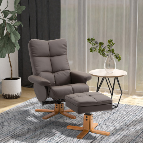 Recliner Armchair, Swivel Reclining Chair With Ottoman, Swivel Faux Leather Chair with Wooden Base and Storage Footstool for Liv