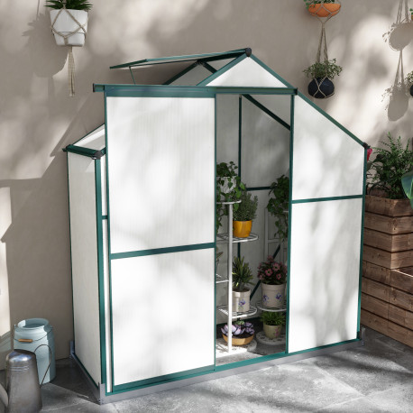 Outsunny 6 x 2.5ft Polycarbonate Greenhouse Walk-In Green House with Rain Gutter, Sliding Door, Window, Foundation, Green