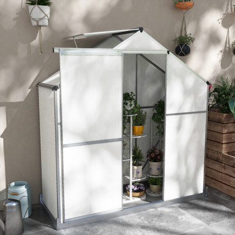 Outsunny 6 x 2.5ft Polycarbonate Greenhouse Walk-In Green House with Rain Gutter, Sliding Door, Window, Foundation, Silver