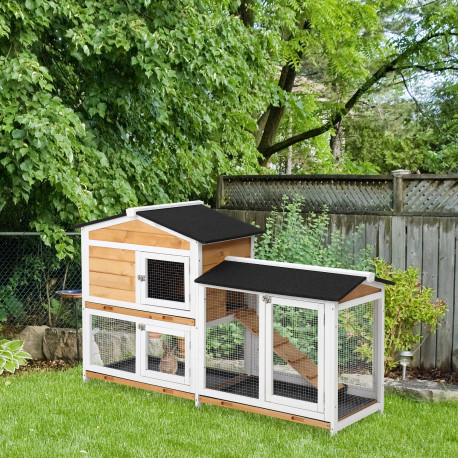 PawHut Rabbit Hutch Guinea Pig Hutch Wooden House with Run, 2 Tier Pet Cage Outdoor with No-leak Plastic Trays, 157.4 x 53 x 93.