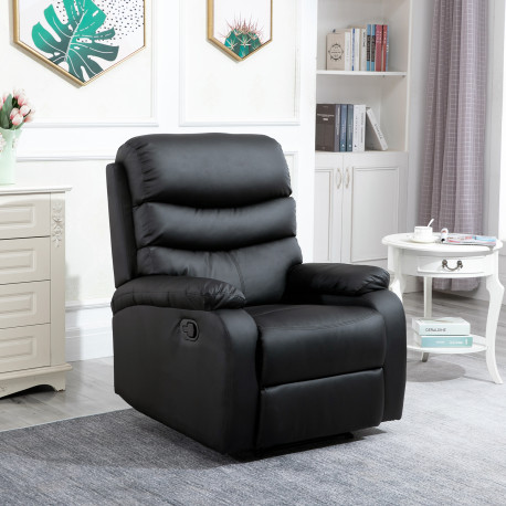 PU Leather Reclining Chair, Manual Recliner Chair with Padded Armrests, Retractable Footrest and Wood Frame, Black