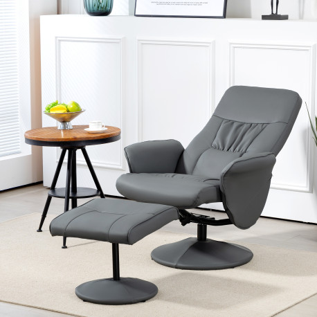 Swivel Recliner Chair with Footstool, PU Leather Armchair and Ottoman with High Back and Round Base for Living Room, Grey