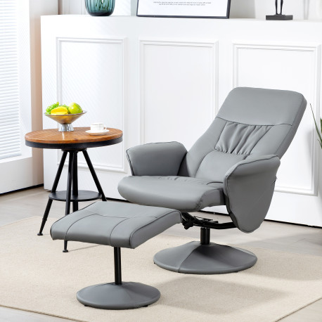 Swivel Recliner Chair with Footstool, PU Leather Armchair and Ottoman with High Back and Round Base for Living Room, Light Grey