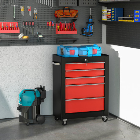 5-Drawer Tool Chest, Lockable Steel Tool Storage Cabinet with Wheels and Handle Tool Box for Garage, Workshop, Red