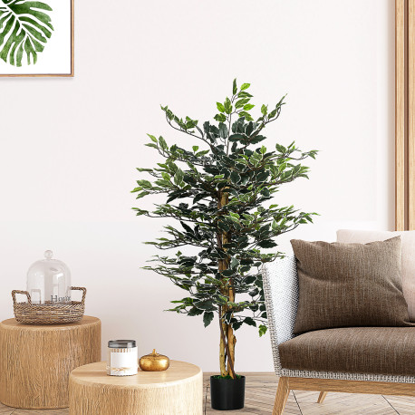 Artificial Ficus Tree in Pot, 130cm Tall Fake Plant with Lifelike Leaves and Natural Trunks, for Indoor Outdoor, Green