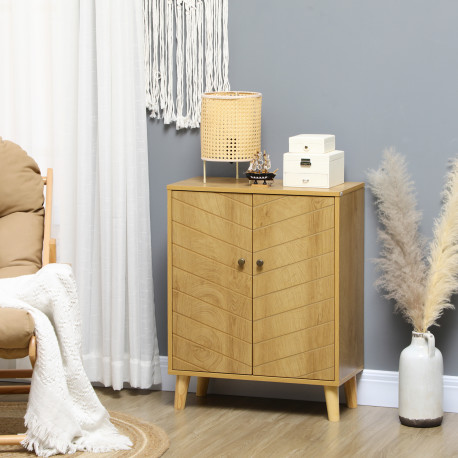 Vintage Storage Cabinet with Double Chevron Doors and Pine Wood Legs, Side Cabinet for Living Room, Kitchen, Bedroom, Natural Wo