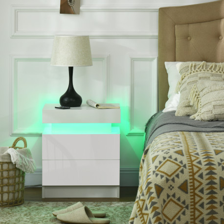 White Bedside Table with LED Light, High Gloss Front Nightstand with 2 Drawers, for Living Room, Bedroom