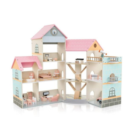 Wooden Corner Dollhouse Playset Pink Roof Doll House