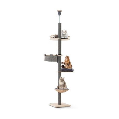 5-Tier Wooden Cat Tower Floor to Ceiling Cat Tree with Adjustable Height