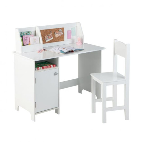 Wooden Children Study Table and Chair Set with Storage Cabinet and Bulletin Board