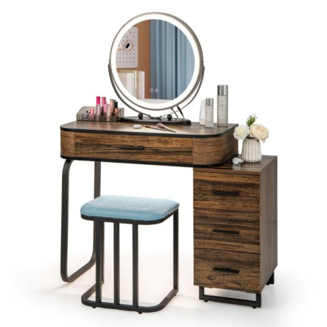 Vanity Table and Stool Set with 3-Color Touch Screen Lighted Swivel Mirror