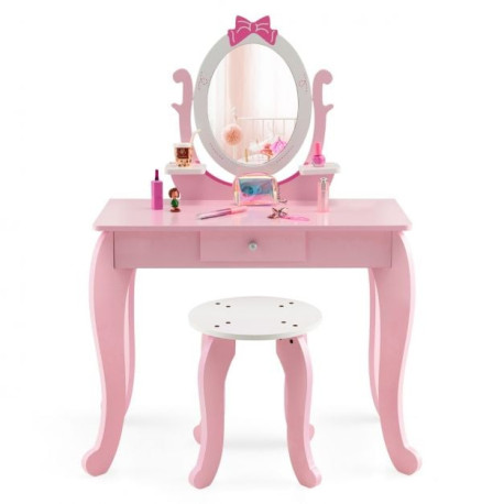 2 in 1 Kids Vanity Table with Stool and 360° Rotating Mirror