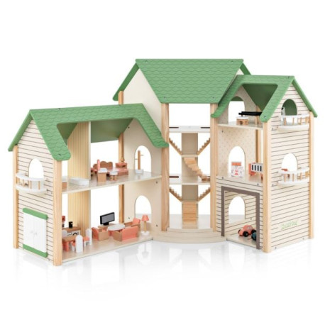 Wooden Dollhouse with 36 Pieces Accessories for Kids