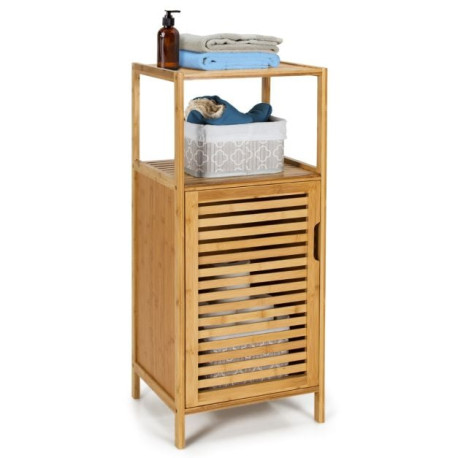 2-Tier Bamboo Bathroom Storage Cabinet with Single Door and Open Shelves