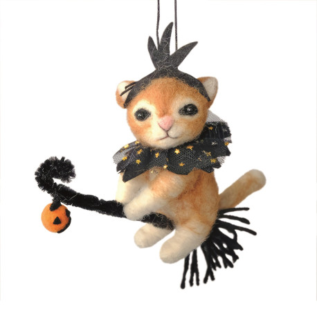 Felt Fancy Ginger Cat on a Broomstick Hanging Decoration (15.5cm)