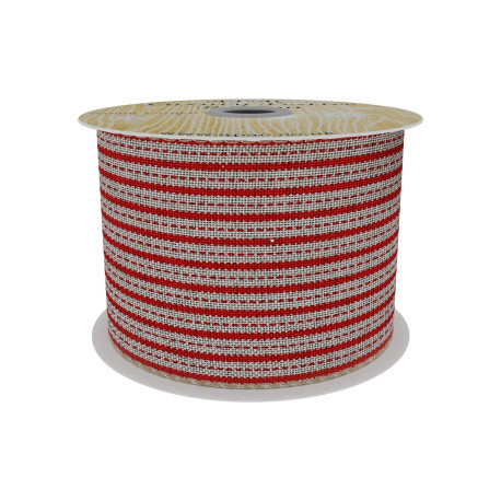 Red and Natural Striped Fabric Ribbon (63mm x 9m)