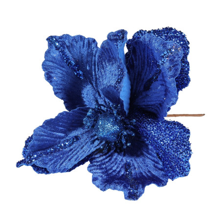 Royal Blue Velvet Magnolia with Glitter Leaf (Dia26cm)