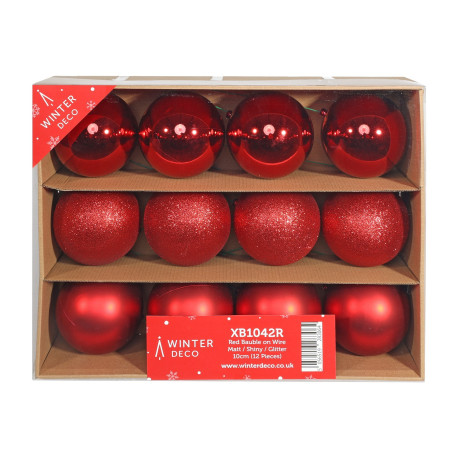 Red Bauble on Wire - Matt/Shiny/Glitter (Pack of 12)