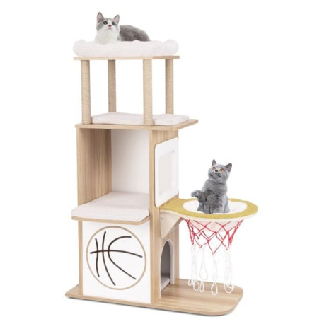 5-Layer Sports-Themed Cat Tower with 2 Cat Condos and Basketball Hoop Hammock