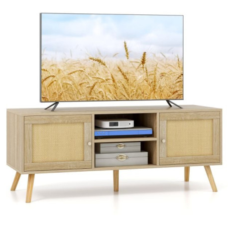 Boho PE Rattan TV Stand with 2 Cabinets and Open Shelves